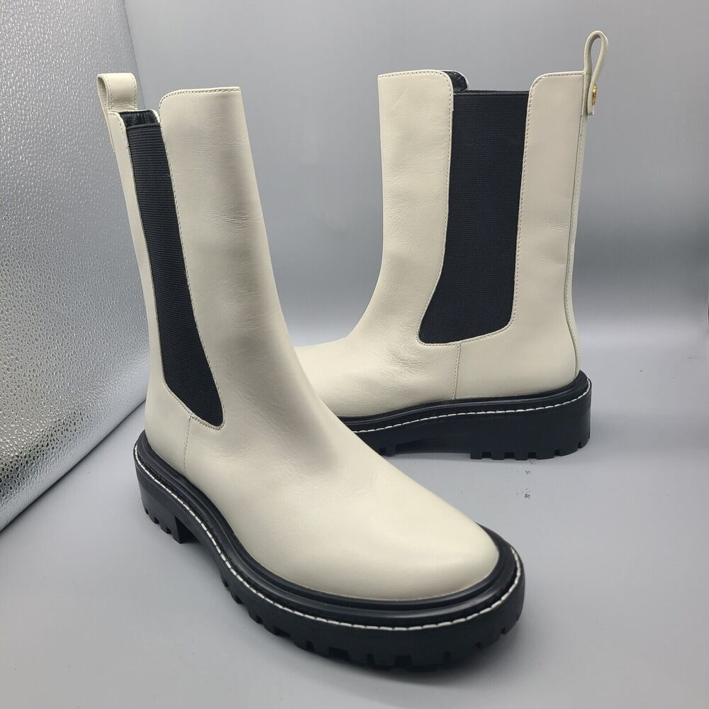 TORY BURCH Womens Benton Boots Pull On Chelsea Ivory Leather Midcalf sz 8.5 New